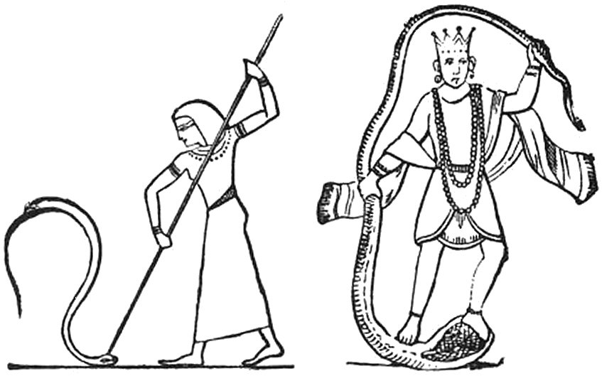 Une déesse égyptienne et le Crishna Indien écrasant la tête du serpent.