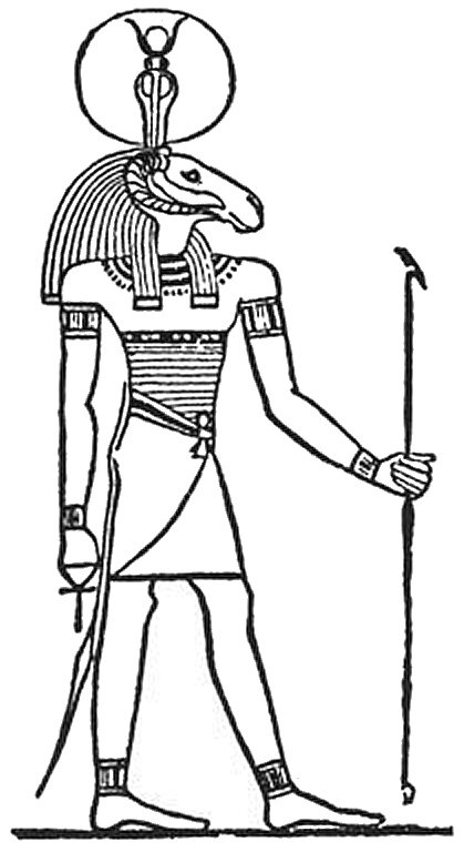 Le dieu Tages en Égypte représenté avec la tête et les cornes d'un bélier.