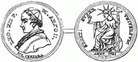 Mdaille du  pape Lon XII  son image ( gauche) - glise de Rome symbolise par une femme ( droite).