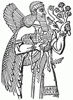 Divinit Assyriens portant dans ses bras un faon ou un daim fauve tachet.